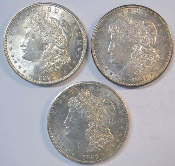 Lustrous 1921 P-D-S Morgan Silver Dollars