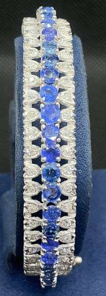 Huge! 9+ CTTW Sapphire & Diamond Bangle Bracelet in 14KT White Gold