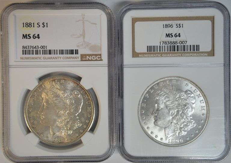 Super nice pair of NGC MS64 graded Morgan Silver Dollars: 1881-S & 1896