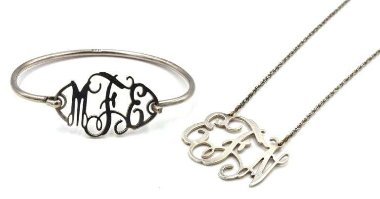 Set of 925 sterling silver Initial cuff bangle and necklace