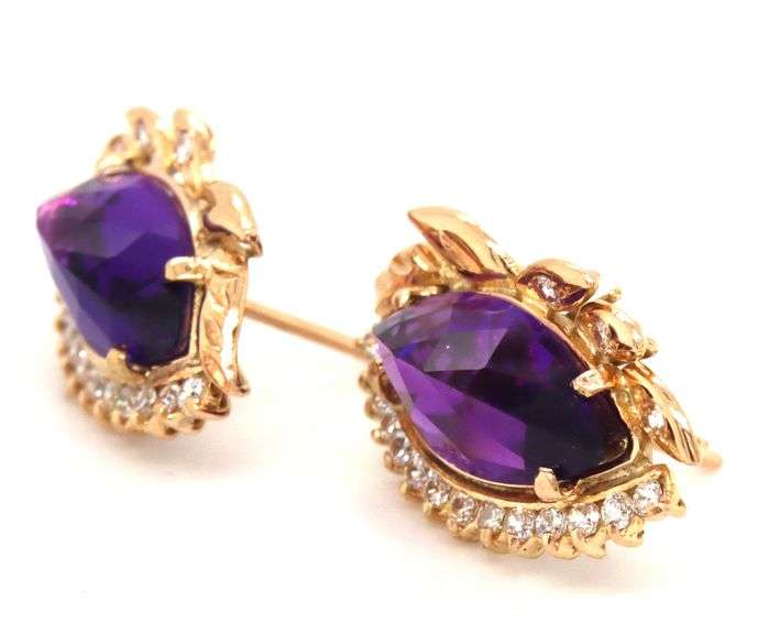 14kt Yellow gold marquise amethyst and CZ earrings