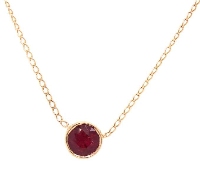 14kt Yellow gold 1.20ct bezel set Ruby solitaire necklace