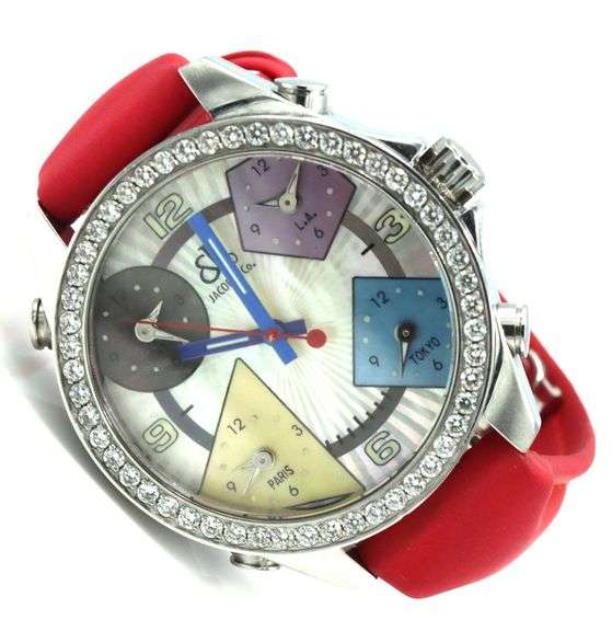 Jacob & Co five time zone quartz 40mm diamond bezel on red trap leather watch