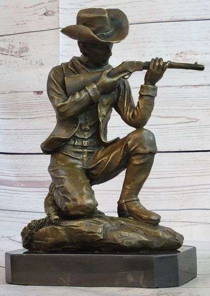 Cowboy With Gun Bullet Rifle Shooting Range Bronze Sculpture