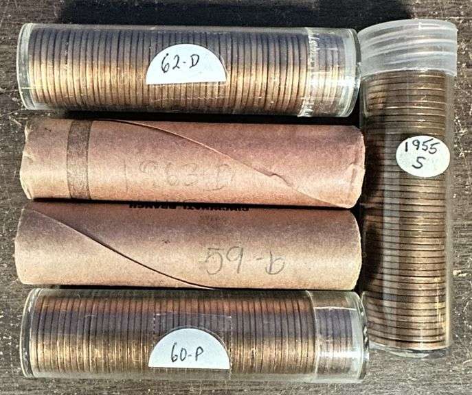 6 Original Gem BU Rolls of Lincoln Cents: 1955-S, 59-D, 60-P, 62-D, & 63-D
