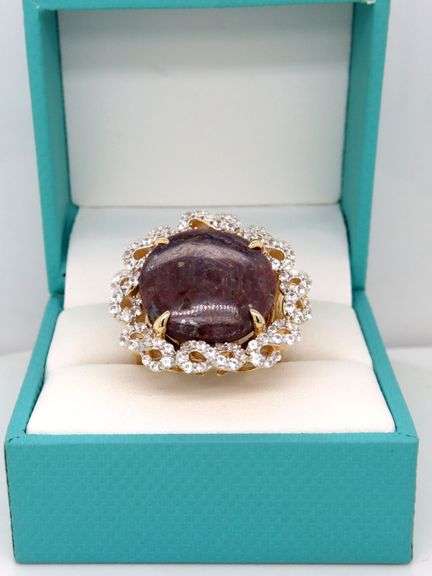 Glittering Huge 34.17CTS Round Cabochon-Cut Ruby & 1.41CTW Round Faceted Colorless Sapphire Ring in 