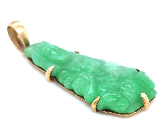 Carved Jade Buddha Pendant set in 14K YG
