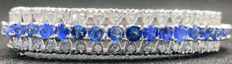 Huge! 9+ CTTW Sapphire & Diamond Bangle Bracelet in 14KT White Gold