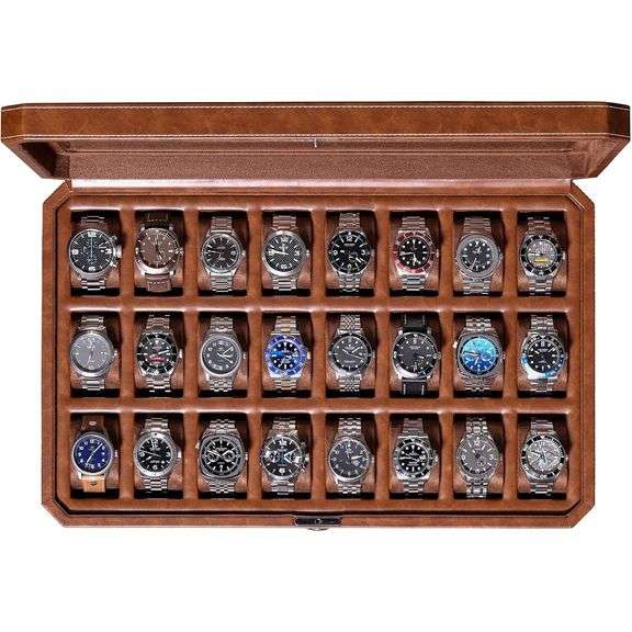 24 Slot Leather Watch Display Case with Glass Lid