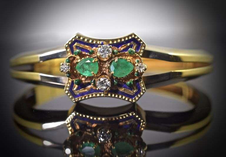 Incredible 18K Enamelled Bangle with Emeralds & Diamonds