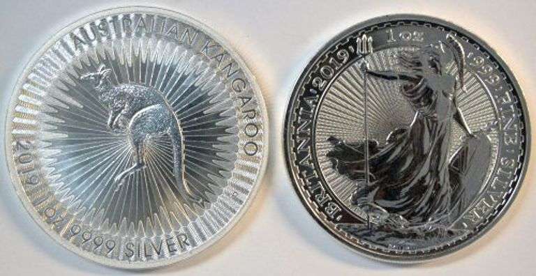 2019 Superb Gem BU pure 1 oz Silver $1 Australia Kangaroo & 2 Pound British Britannia