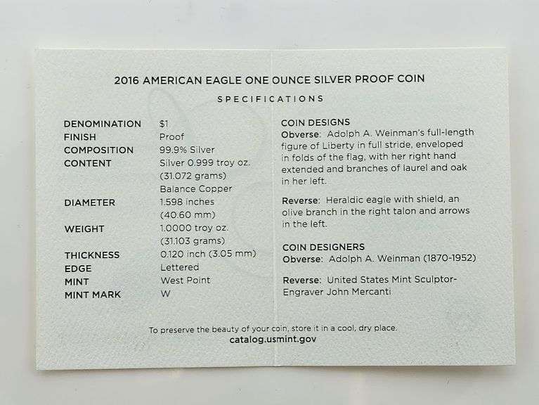 2016-W Proof American Silver Eagle, OGP