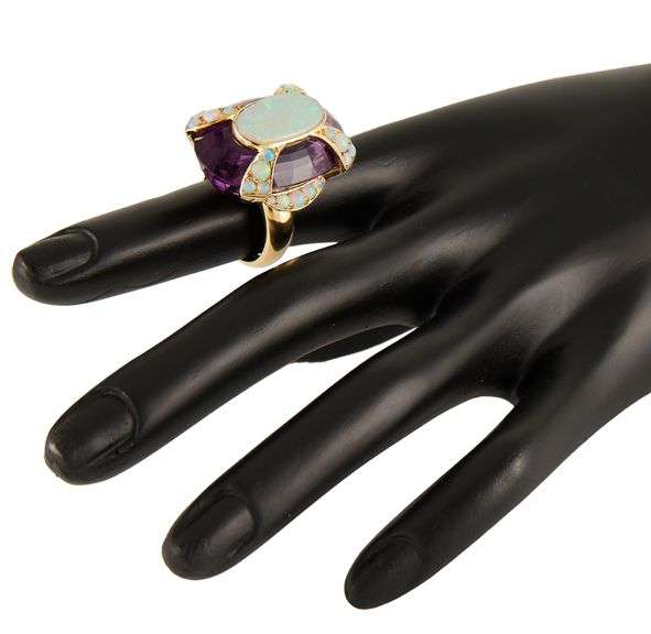 Vintage Cartier Oval Amethyst and Opal Cocktail Ring in 18K