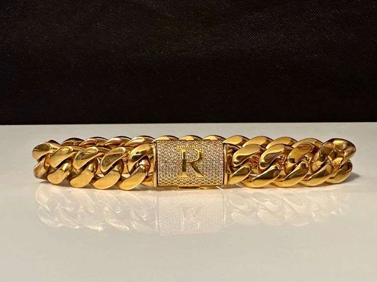 Sharp Yellow Gold Plated Monogramed Initial "R" Curb Link Bracelet