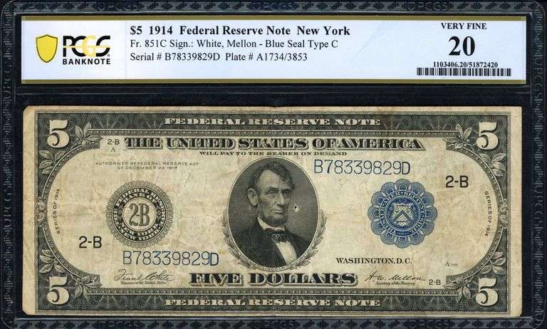 1914 $5 Federal Reserve Note Fr. 851c New York White/Mellon PCGS VF 20
