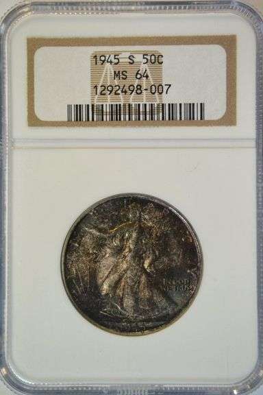 Multi-colored near Gem BU 1945-S Walking Liberty Half Dollar. NGC MS64
