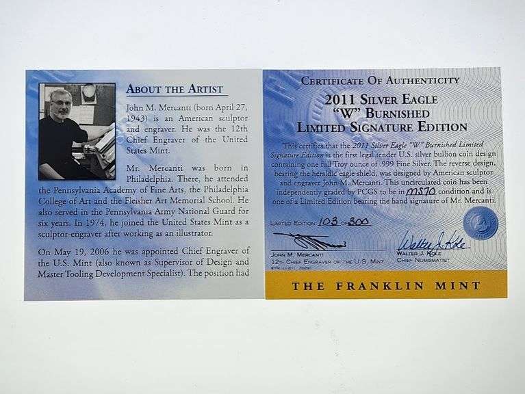 2011-W Eagle, John Mercanti Signed, PCGS MS70