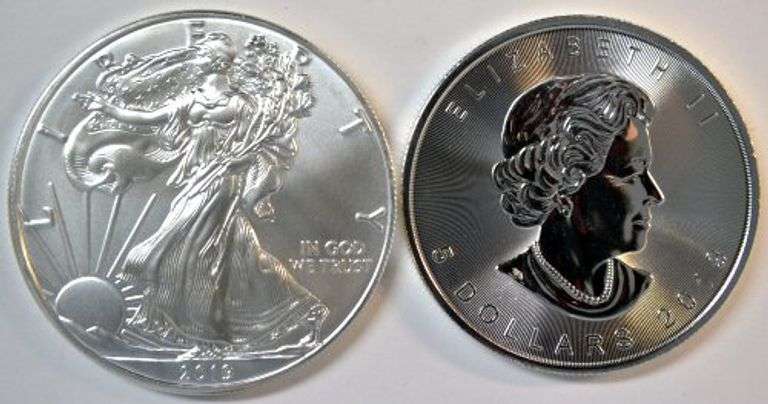 Superb Gem BU $1 American Silver Eagle & $5 Canadian Maple Leaf from 2019