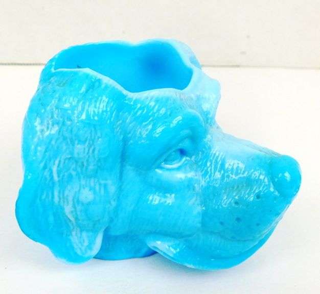 Blue Slag Glass Dog Toothpick or Match Holder