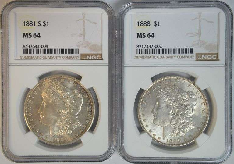 Near Gem BU 1881-S & 1888 Morgan Silver Dollars. NGC MS64