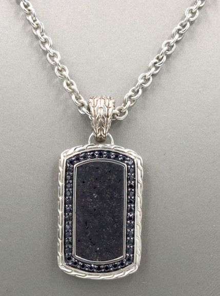 John Hardy black sapphire and Lava rock dog tag pendant on chain