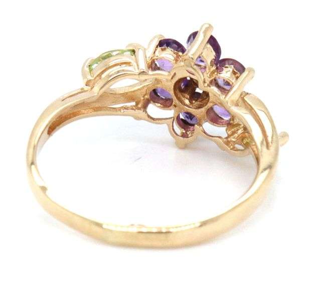 14kt Yellow gold amethyst, marquise peridot and diamond accent flower ring