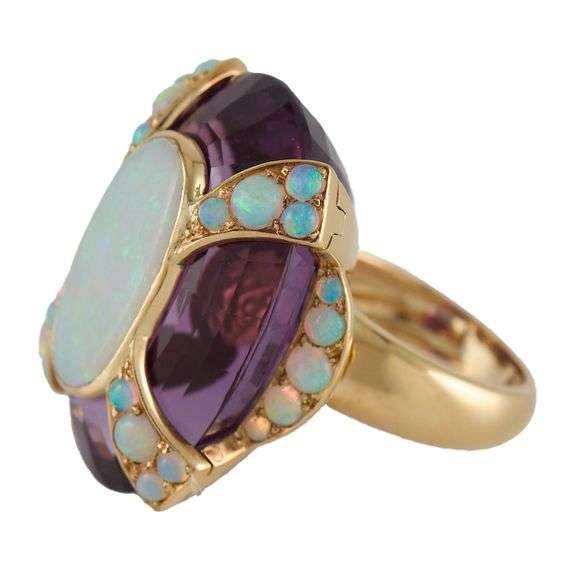 Vintage Cartier Oval Amethyst and Opal Cocktail Ring in 18K