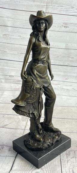 Hot Cast Cowgirl with Saddle Bronze Sculpture