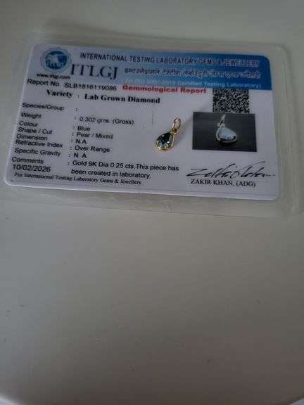 Certified Yellow Gold Blue Lab Diamond Pendant