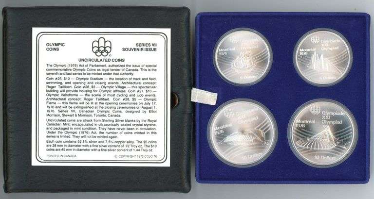 1976 4-Piece Montreal Olympics BU Silver Coin Set in Original Packaging w/CoA