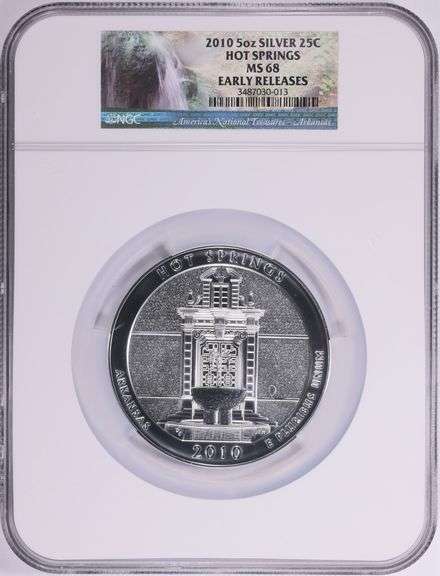2010-P Hot Springs NP 5 oz Silver Quarter – NGC MS68 Early Releases – America the Beautiful ATB