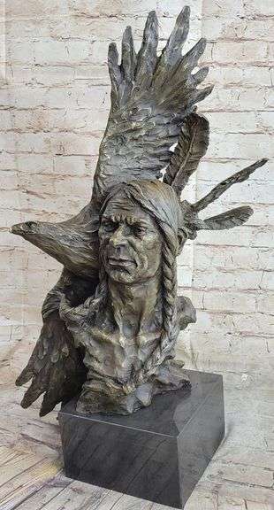 Indian Native Chief Eagle Bust Sculpture on Marble Base Statue