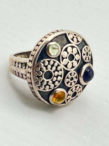 925 Sterling Silver Gear Pattern Beatiful Color Stone Industrail Look Ring