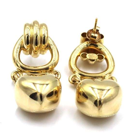 18kt Yellow gold Sculpted door knocker cab sapphire Puffed heart drop earrings