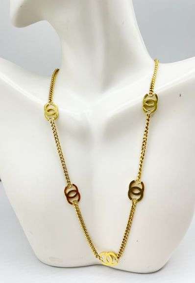 14KT Yellow Gold Link Chain With Six Interlocking CC Logo Stations Necklace