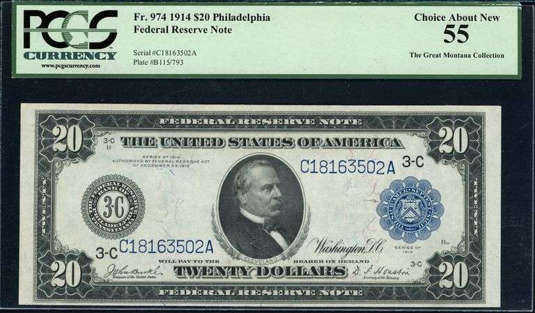 1914 $20 Federal Reserve Note Philadelphia Fr. 974 Burke / Houston PCGS Choice About New 55 – Great 