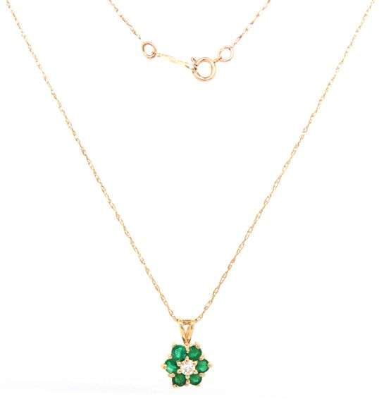 14kt Yellow gold emerald and diamond flower pendant on chain