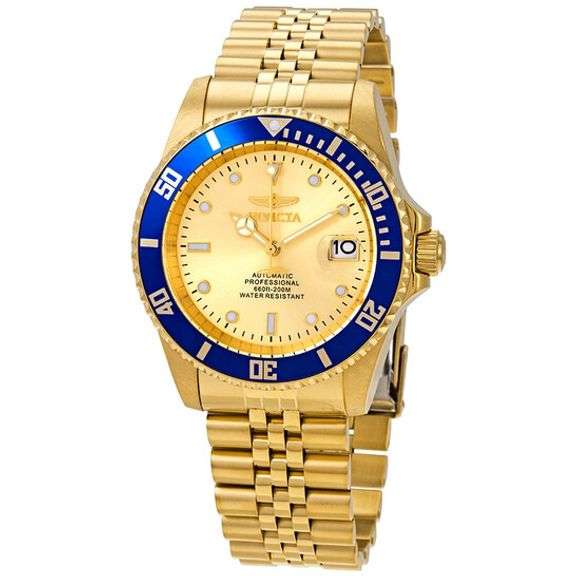 Invicta Pro Diver Automatic Men's Watch – Gold Dial, Blue Bezel, Stainless Steel Bracelet