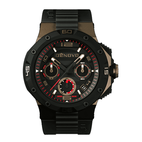 Denovo Swiss Made Men’s Watch, New in Box, Rose Gold PVD Case, 100m Water Resistance, Rubber Strap w