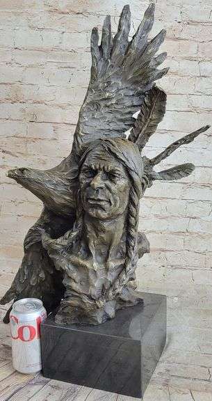 Indian Native Chief Eagle Bust Sculpture on Marble Base Statue