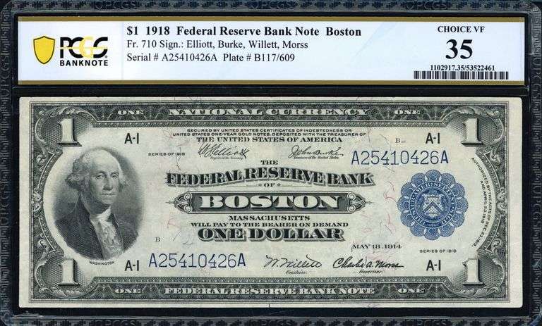1918 $1 Boston Federal Reserve Bank Note Fr. 710 PCGS Choice VF 35 Elliott Burke Willett Morss
