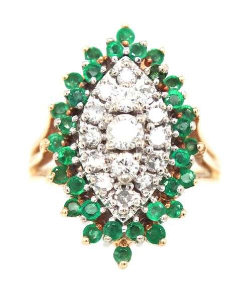 14kt Yellow gold 0.35ctw diamond and emerald cluster marquise shaped ring