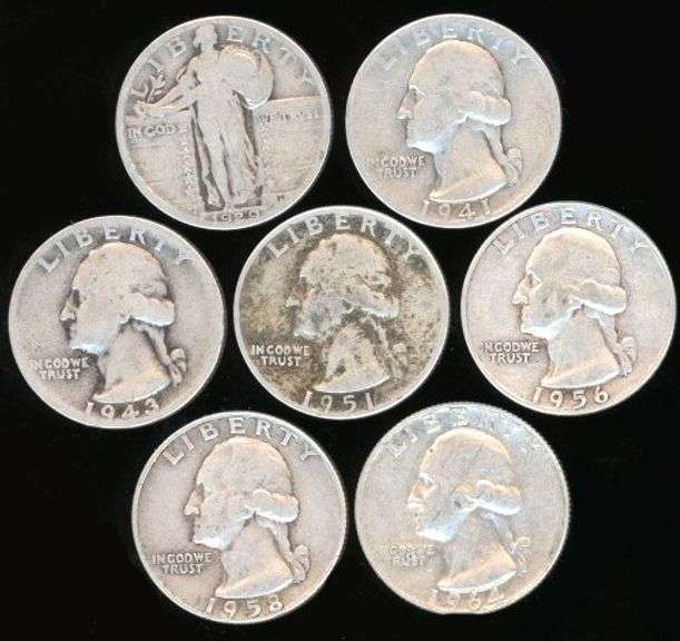 7 Different Silver US Quarters: 1929-1964