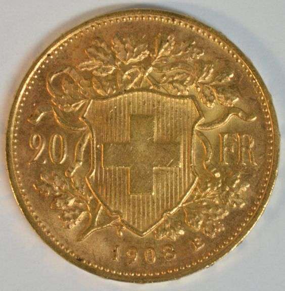 Superb Gem BU 1908 Swiss 20 Francs Gold Piece
