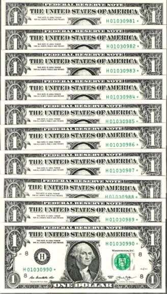 (10) Superb Crisp $1 2013 Star Replacement Notes St. Louis-Consecutive!