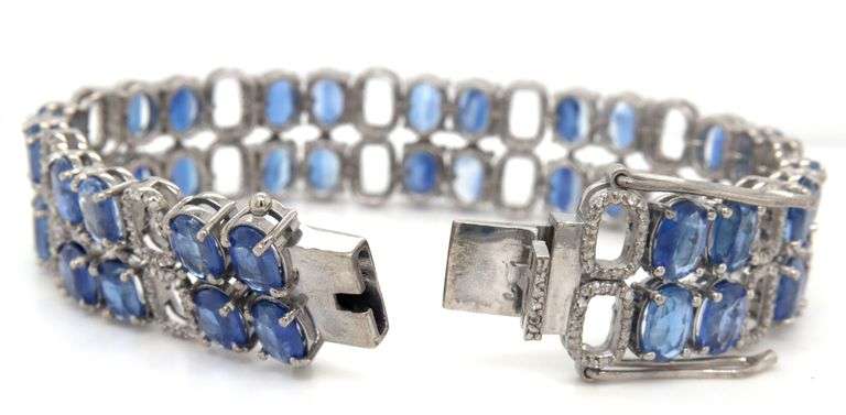 Sparkling 34.12CTW Oval Faceted Kyanite & 5.00CTW Diamond Bracelet in 14K White Gold Over Sterling S