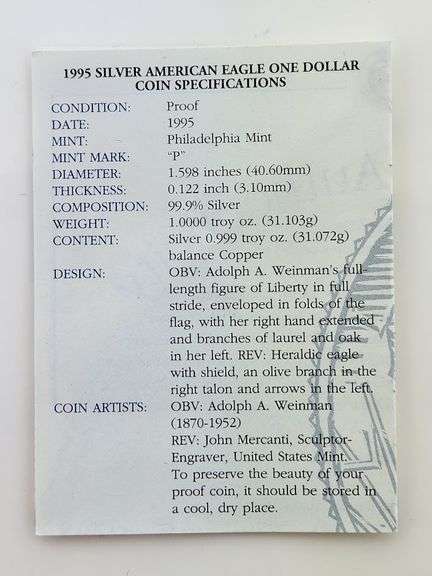 1995 Proof American Silver Eagle, OGP