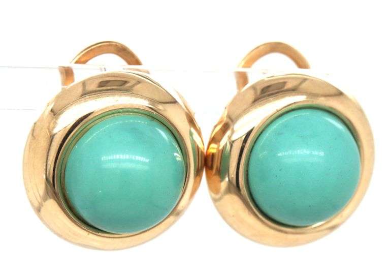 14kt Yellow gold round turquoise omega back earrings