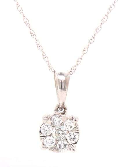 14kt White gold diamond cluster flower pendant on chain