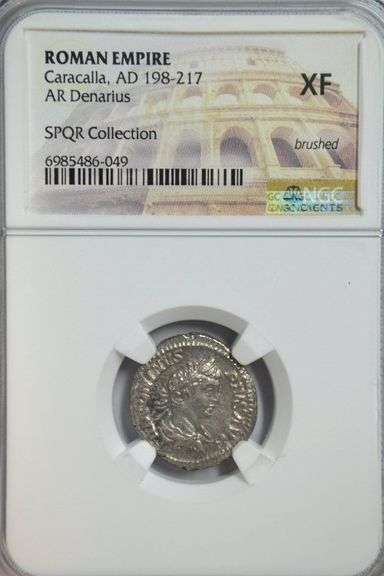 Near Mint Roman Silver Denarius of Emperor Caracalla, 198-217 AD. NGC XF
